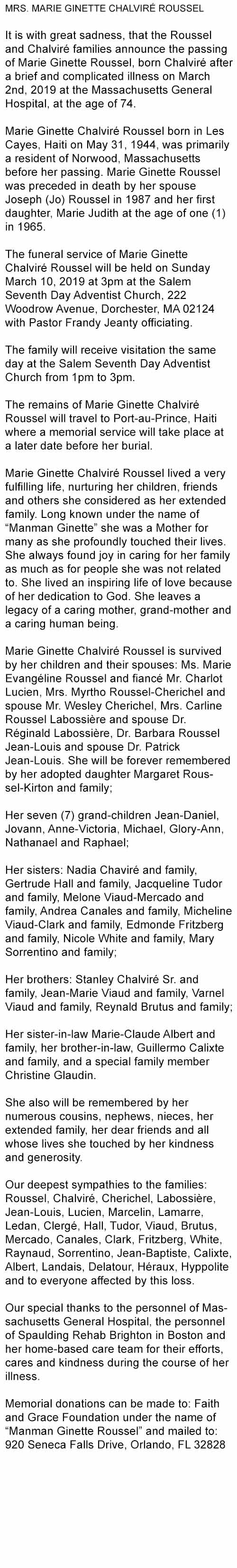 OBITUARY OF MRS. MARIE GINETTE CHALVIRÉ ROUSSEL